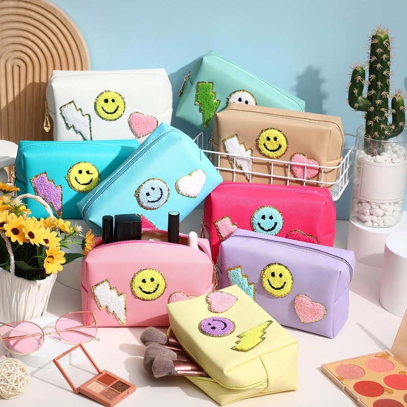 Chunful 9 Pcs Preppy Makeup Bag PU Leather Cosmetic Bag Bulk Makeup Plain Pouch Waterproof Toiletry Purse for Women Traveling Pencil Case Girl's Gift(Multicolor, Smile, Lightning, Heart)