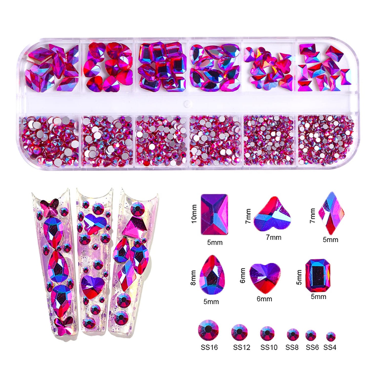 XEAOHESY 1620pcs Flat Back Pink Nail Rhinestones Rose AB Rhinestones for Nails Nail Crystal Rhinestones for Acrylic Nails Gems Glass Beads Stones for Nails