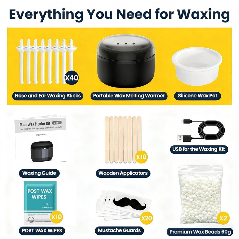 Nose Wax Kit, Nose Hair Wax Kit for Men & Women, Painless Nose Hair Removal with USB Fast Heat, Smart Constant Temp, 40 Applicators, Wooden Sticks, After Wax Wipes and Moustache Guards | 15-20 Uses