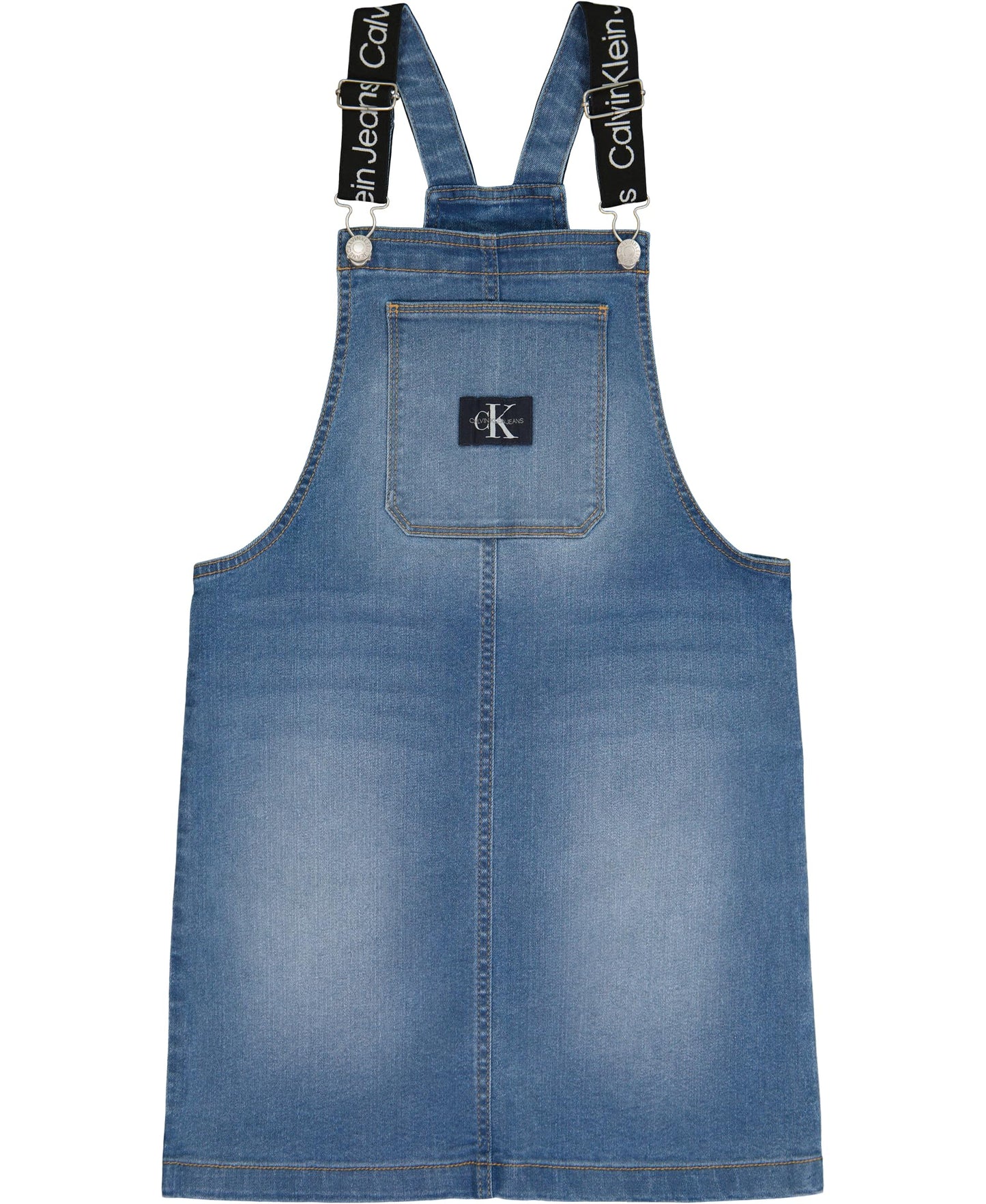Calvin Klein Girls' Denim Skirtall Dress, Overall Style with Hook & Loop Closure, Boyfriend Fit, Functional Front Pocket, Authentic, 7