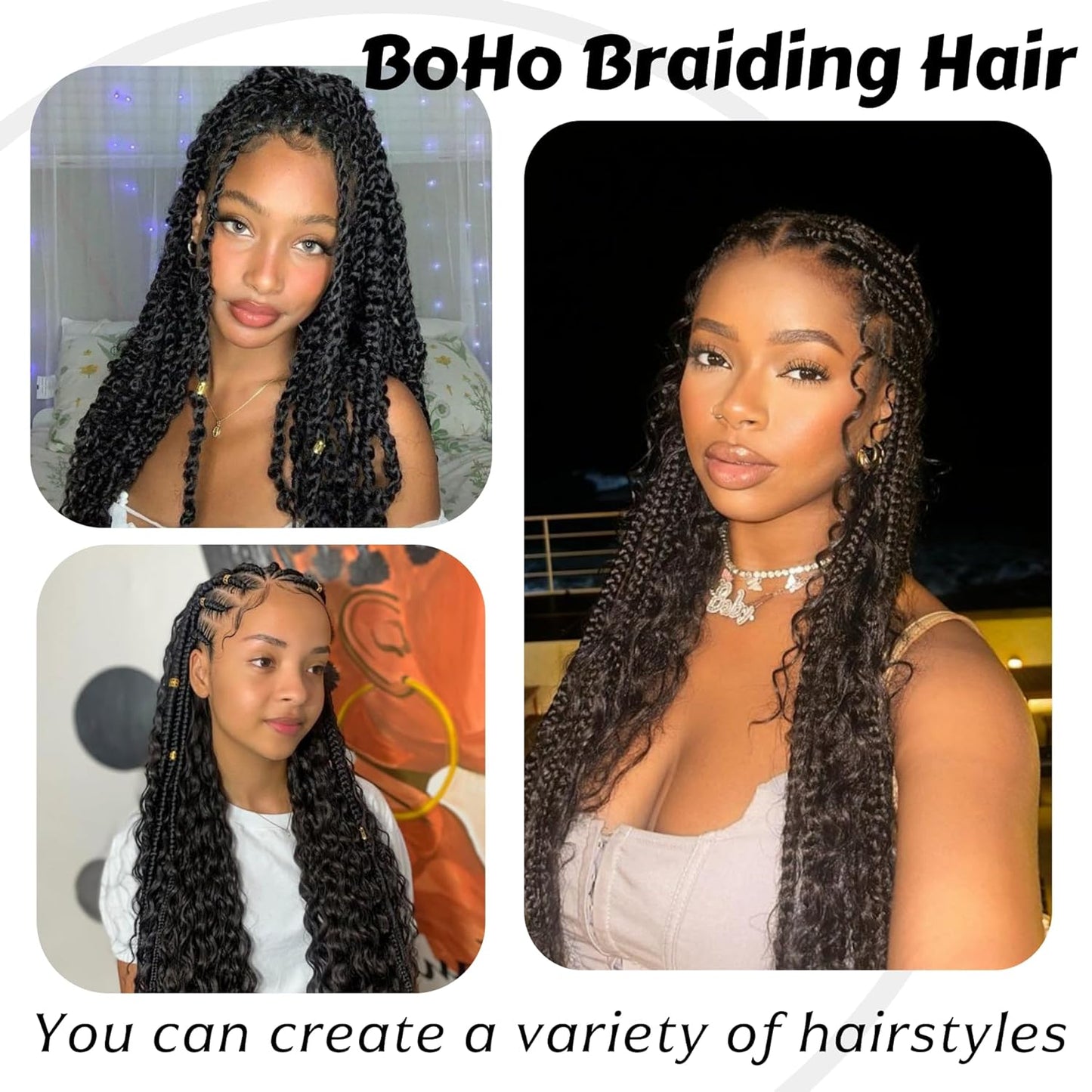 Human Braiding Hair - 16 Inch Deep Wave Bulk Extensions for Boho Braids | 100% Virgin, Knotless, Natural Color, 3 Bundles