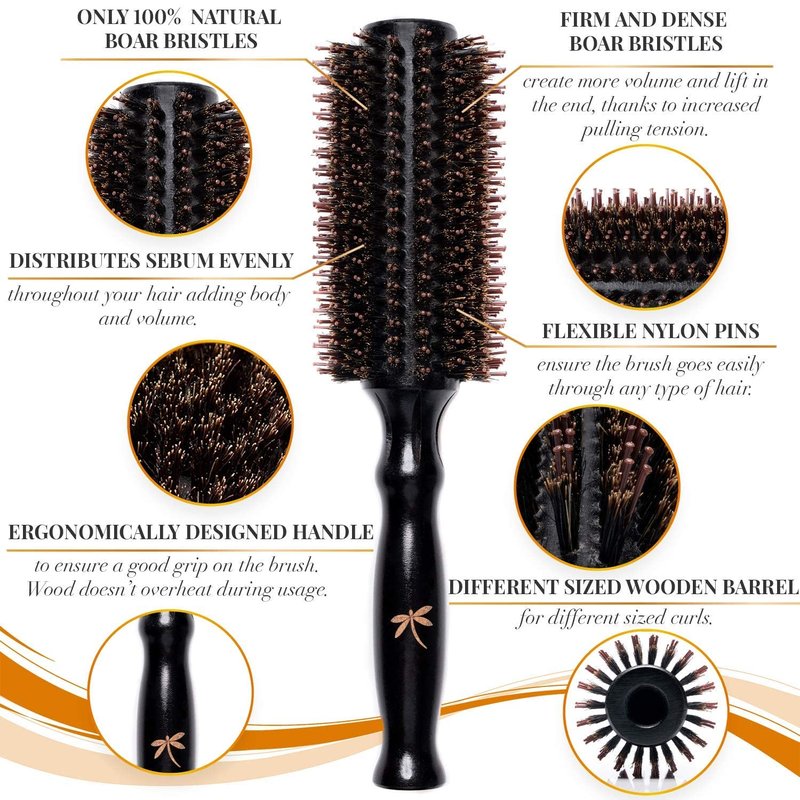 Add Volume Hair Set - Detangling Boar Bristle Brush for All Hair Types | 2-Inch Round Blow Drying Brush