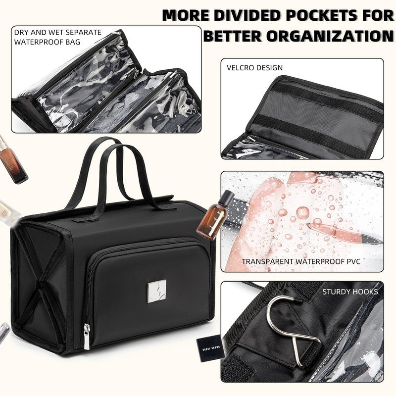 ROYALFAIR Roll Up Makeup Bag, Waterproof Toiletry Bag for Women, Hanging Travel Organizer bags with Jewelry Organizer Compartment, Extra Large 4 Clear TSA Approved Pouches Cosmetic Makeup (black)