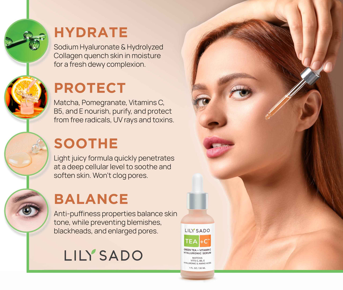LILY SADO TEA+C Green Tea + Vitamin C Super Serum - Natural Vegan Serum - Best Antioxidant, Anti-Wrinkle Moisturizing Formula - Softens, Hydrates, Firms & Tones for Luscious, Radiant Skin