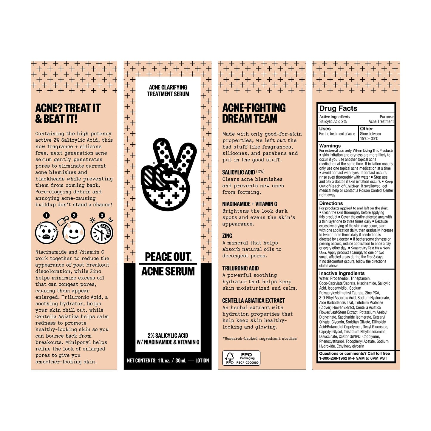 PEACE OUT Skincare Acne Serum. Daily Multi-Benefit Face Serum with 2% Salicylic Acid to Target Pimples, Zits, Blemishes and Breakouts, For Clearer-Looking Skin 1 fl oz