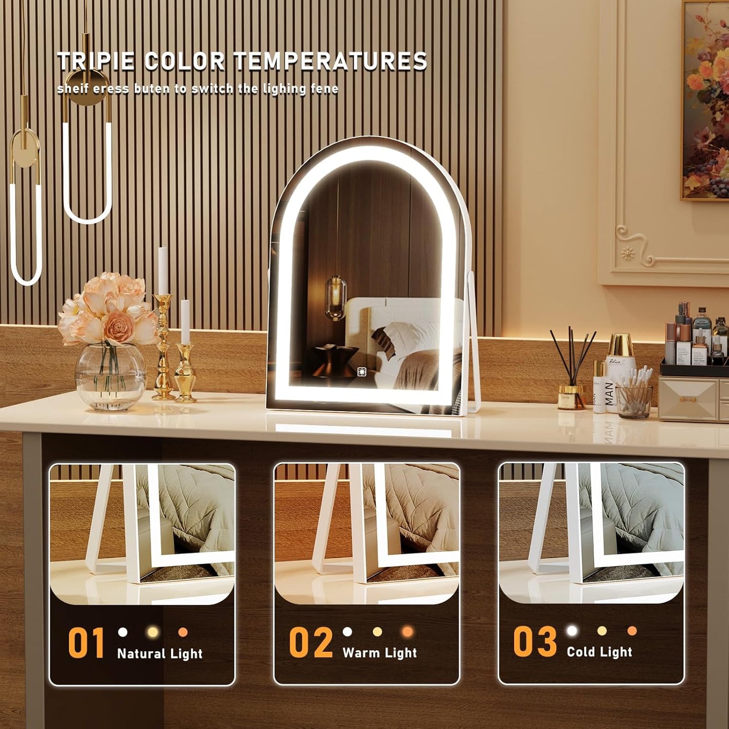 Vanity Mirror with Lights - 16" LED Makeup Mirror | Smart Touch Control, 3 Color Dimmable, 360° Rotation, Gold