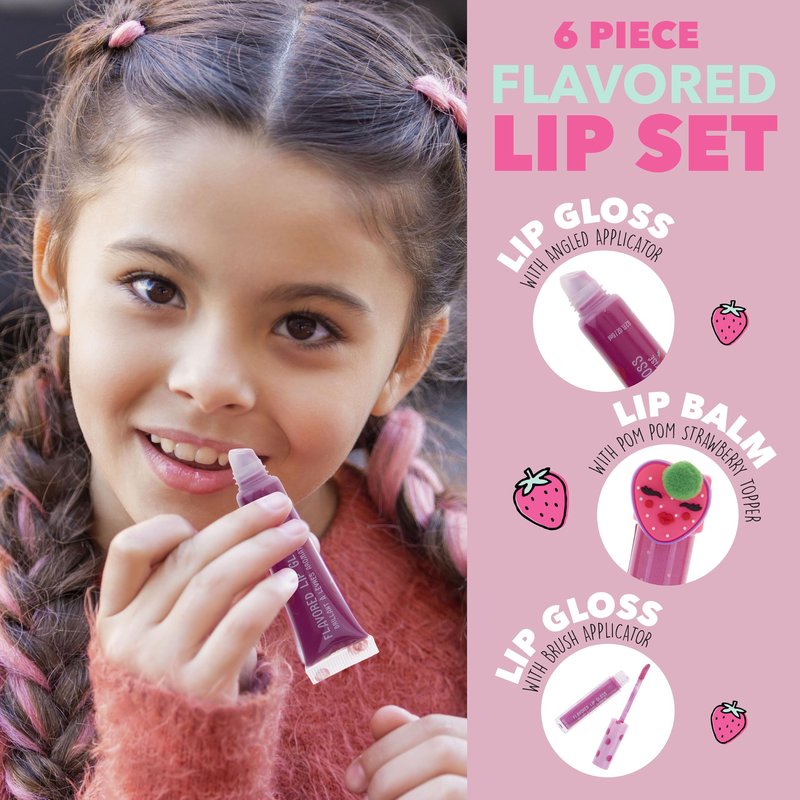 EXPRESSIONS 6pc Strawberry Flavored Lip Gloss & Lip Balm Set – Non-Toxic & Safe for Sensitive Skin | Hydrating & Shiny Lip Kit for Kids & Girls | Birthday Gift – Sweet