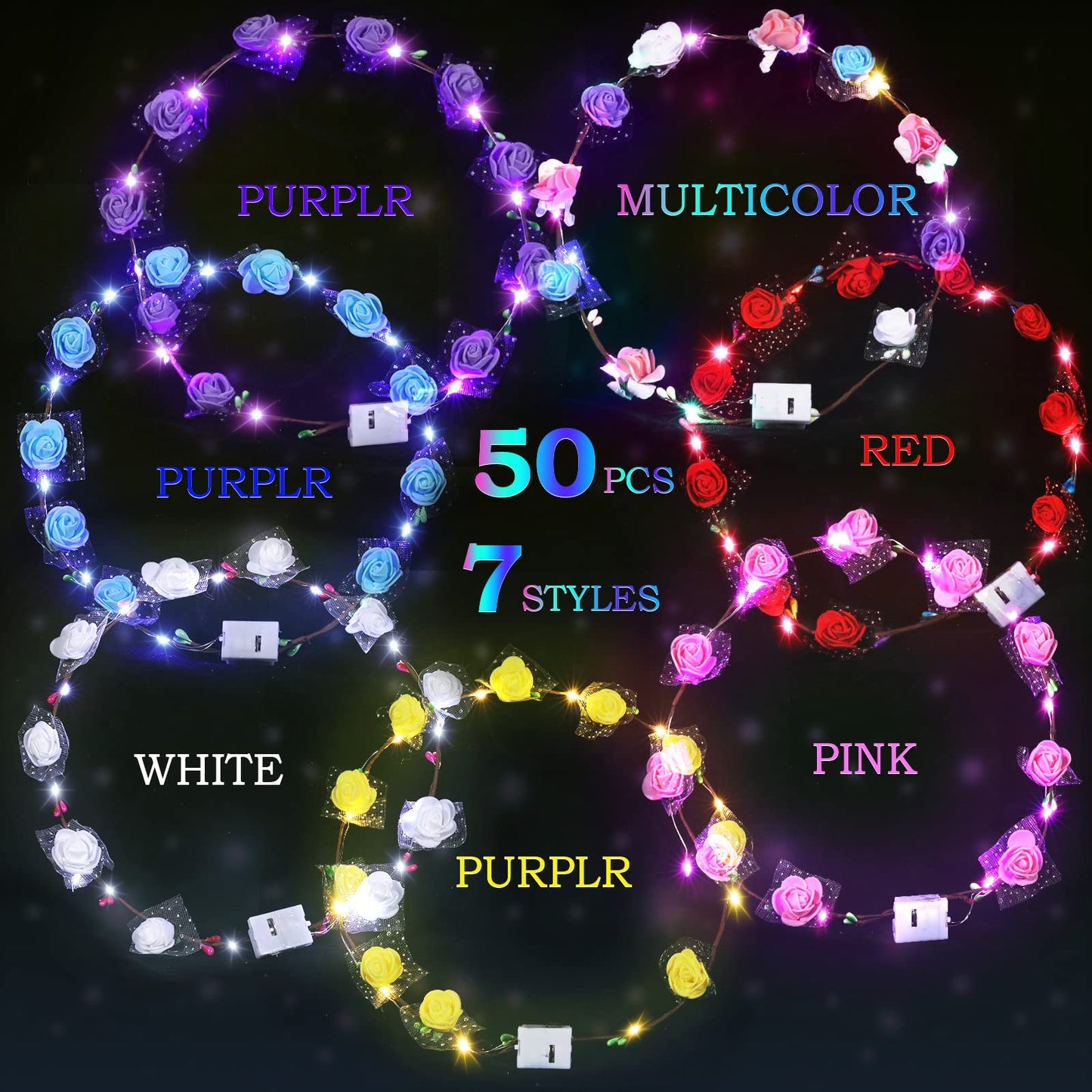 Chumia 50 Pcs LED Flower Crowns Headbands Light up Flower Wreath Garlands Glow in The Dark Floral Headpiece Hair Accessories for Women Mardi Gras Birthday Cosplay Holiday Wedding Princess Party