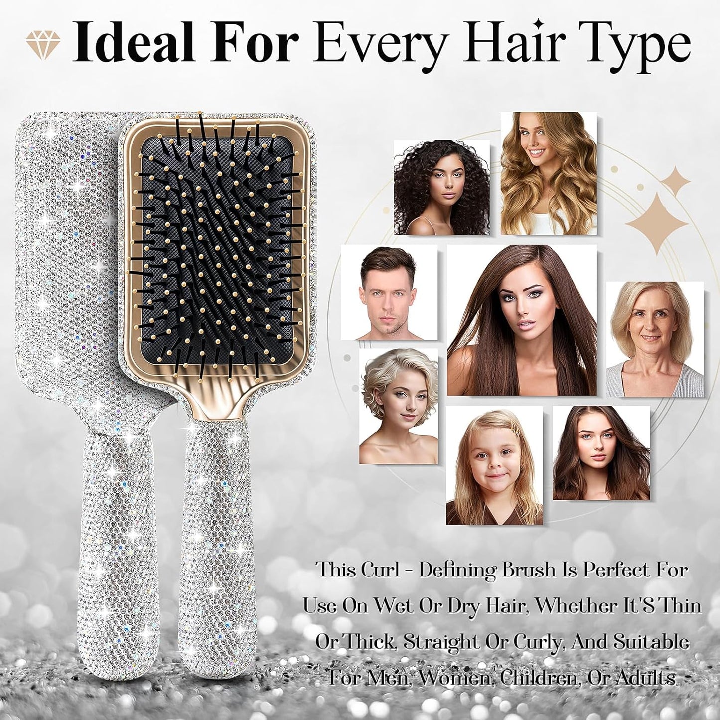 Rhinestone Hair Brush for Women - Bling Detangling Paddle Comb | Curly & Wet/Dry Hair Types
