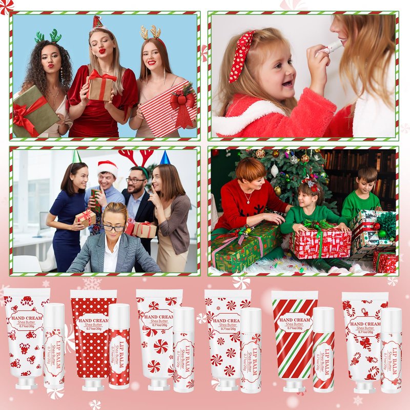 Leelosp 12 Pcs 6 Sets Christmas Hand Cream and Lip Balm Gift Set Bulk Mini Travel Size Lotion and Lip Balm with Peppermint Candy Theme Xmas Stocking Stuffers Thank You Gift for Women Staff Coworker