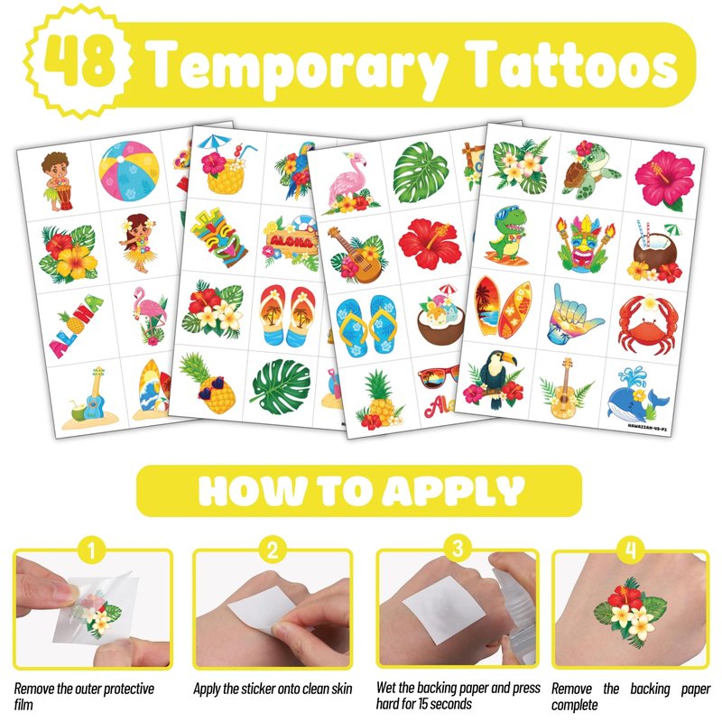 72 PCS Tropical Luau Party Favors – 48 Pre-Cut Temporary Tattoos & 24 Punch Balloons Themed Birthday Party Decorations Supplies Favors Gifts, Goodie Bag Fillers, Classroom Rewards
