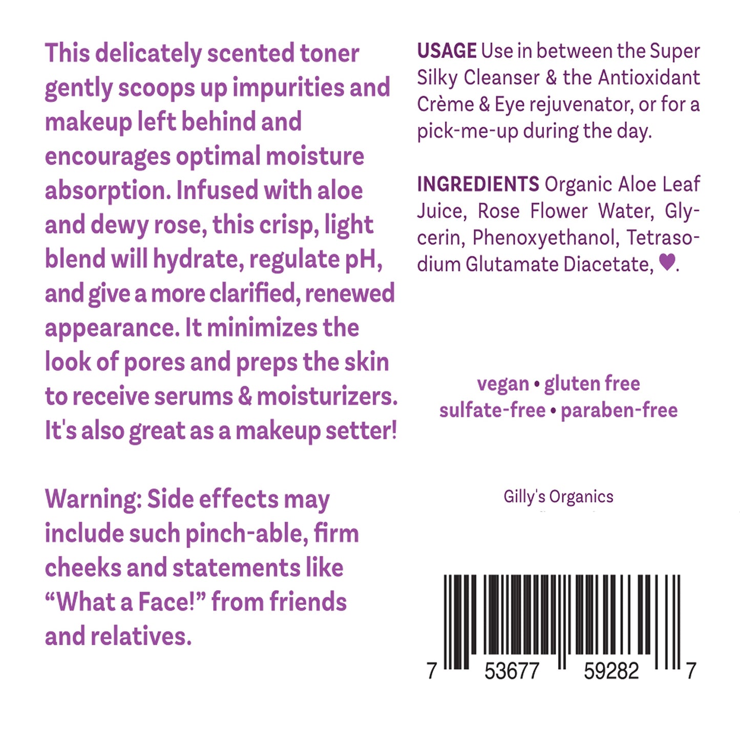 Made in USA – Gilly’s Organics Natural Rose Water Facial Toner Spray with Aloe Extract – Hydrating & Calming Mist for All Skin Types – 3 fl oz