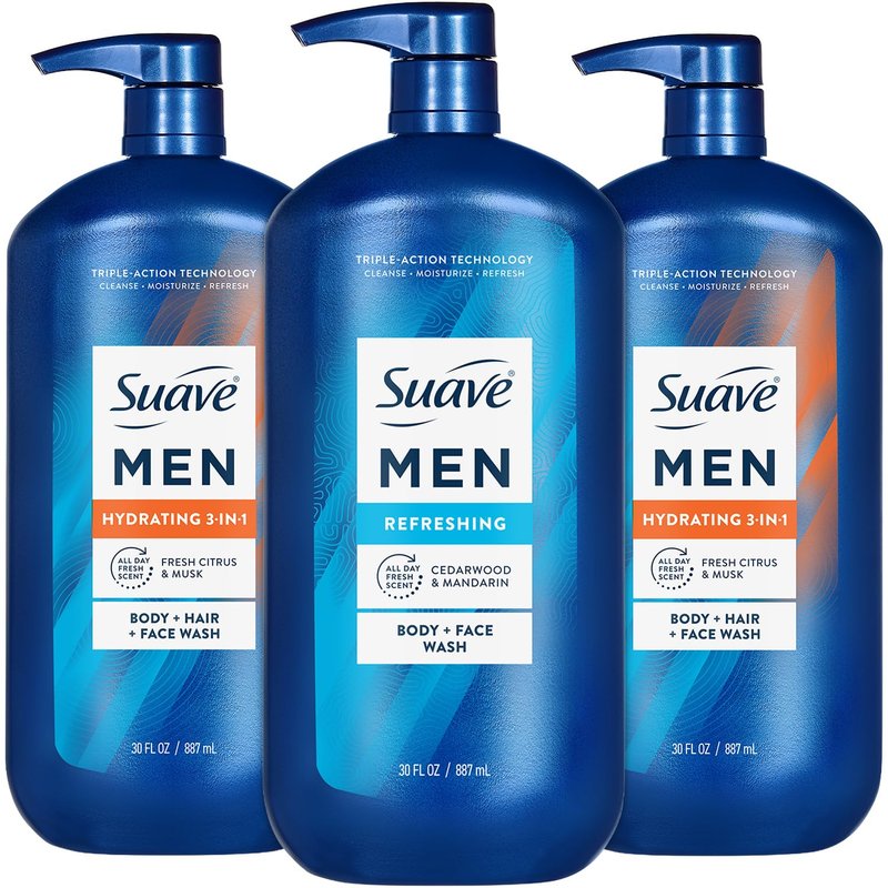 Suave Men Shower Essentials Variety 3-Pack – Energizing Sport, Hydrating 3-in-1 Hair + Body + Face Wash and Refreshing Cleanser, 30 Oz Each