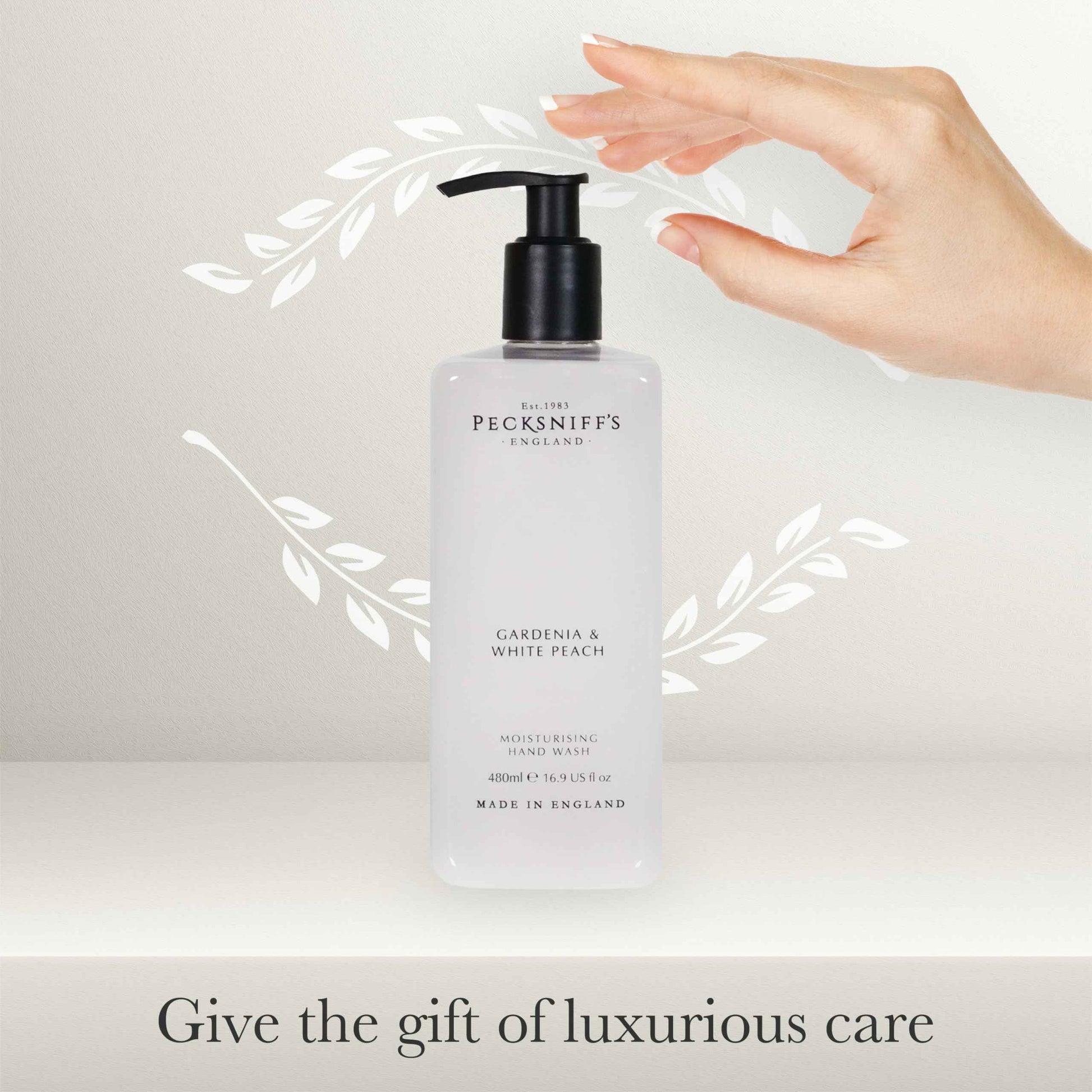 Pecksniff's Hand Wash - Liquid Hand Soap for Soft Skin, Natural, Revitalising, Hydrates and Moisturises, Handcrafted in England, Cruelty Free, Gift of Luxury 480ml/16.2 fl oz (Gardenia & White Peach)