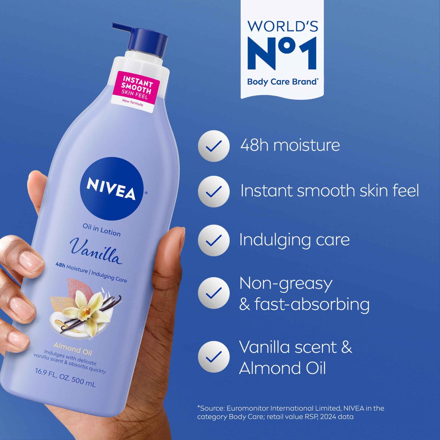 NIVEA Oil Infused Vanilla and Almond Oil Body Lotion for Women, Fast-Absorbing and Non-Greasy Vanilla Scented Lotion Moisturizes for 48 Hours, 16.9 Fl Oz Pump Bottle, Pack of 3