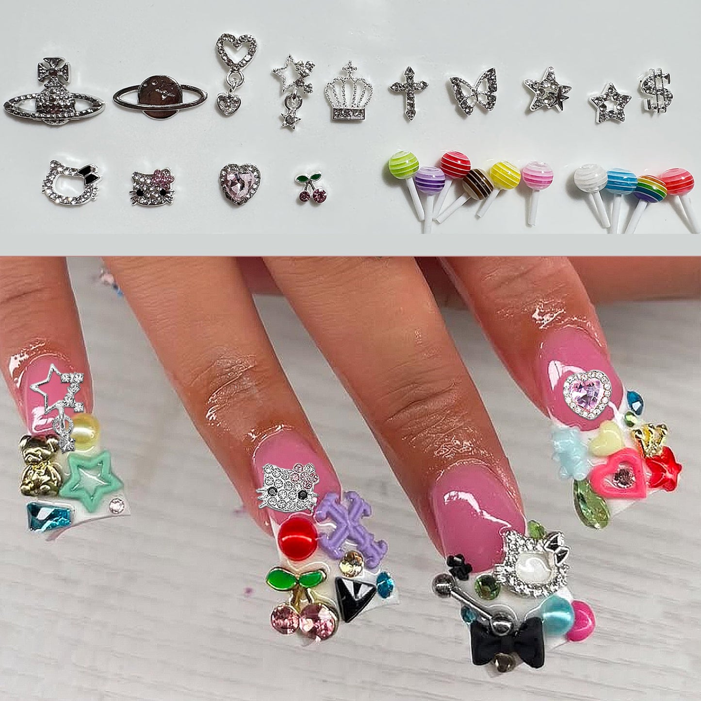 ZAKCBEAUR 80Pcs Silver Nail Charms Set with Pink Hearts，Crosses, Stars,Butterflies, Dollars, Cherries, Crowns,Lollipop Y2k Nail Gems for Women Girls Nail Decorations DIY Craft