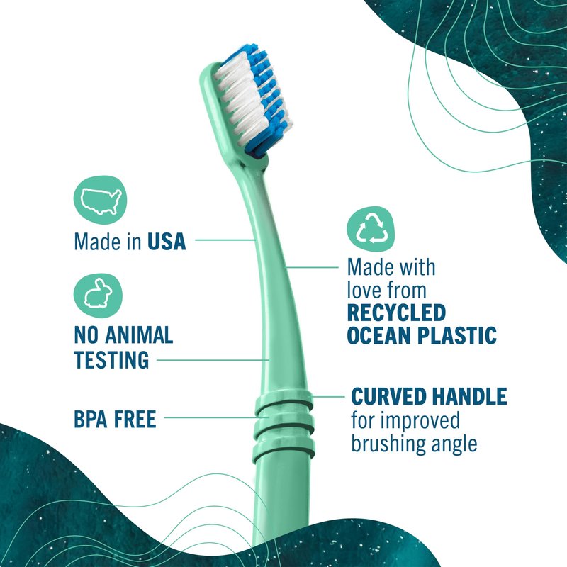 Preserve Ocean Plastic Initiative (POPI) Adult Toothbrush, Made in USA from Recycled Ocean Plastic, Neptune Green, Soft, 6 Count
