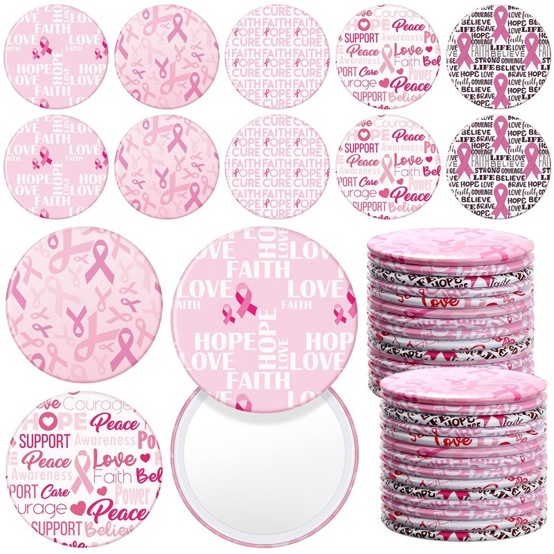 Pinkunn 100 Pcs International Women's Day Gifts Bulk for Woman Pink Inspirational Faith Compact Mirrors for Nurse Coworkers Motivational Cancer Awareness Small Pocket Travel Makeup Mirrors (Ribbon)