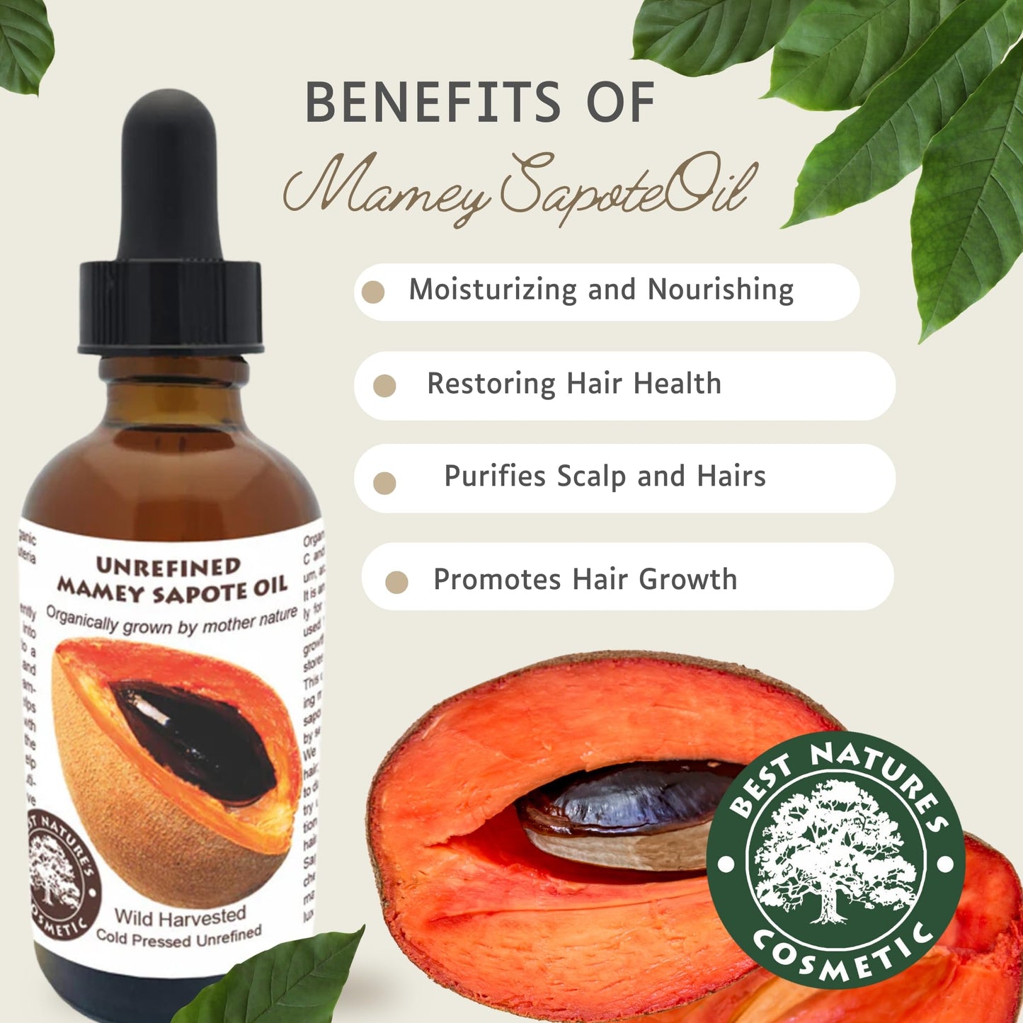 Best Nature's Cosmetics Mamey Sapote Oil Organic - revitalize dry skin and hair with deep moisture and frizz control. For curly, wavy hairs. 4 fl oz / 120ml