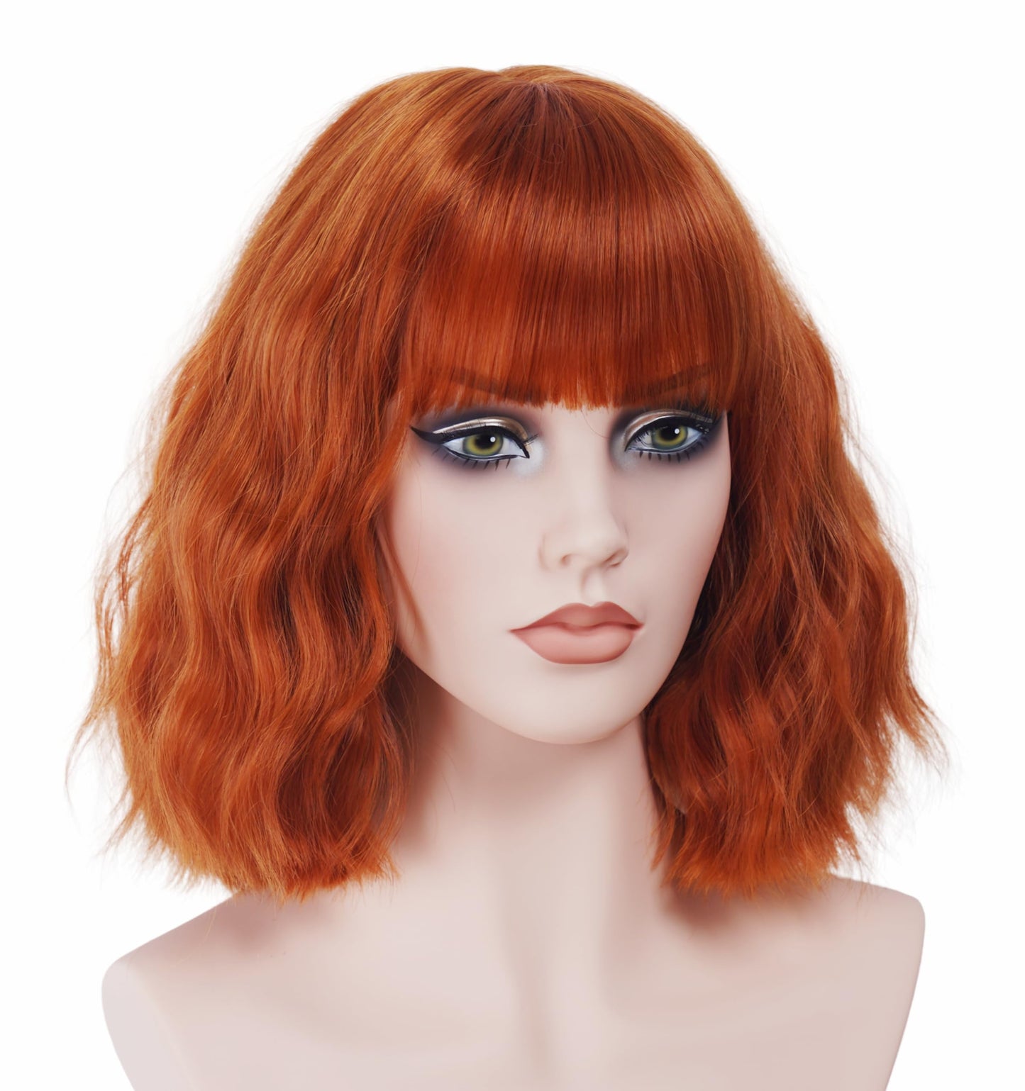 Gerulyss Short Ginger Bob Wig for Women Wavy Shoulder Length Auburn Wig with Bangs Copper Red Synthetic Costume Wig for Halloween,Cosplay,Daily Use