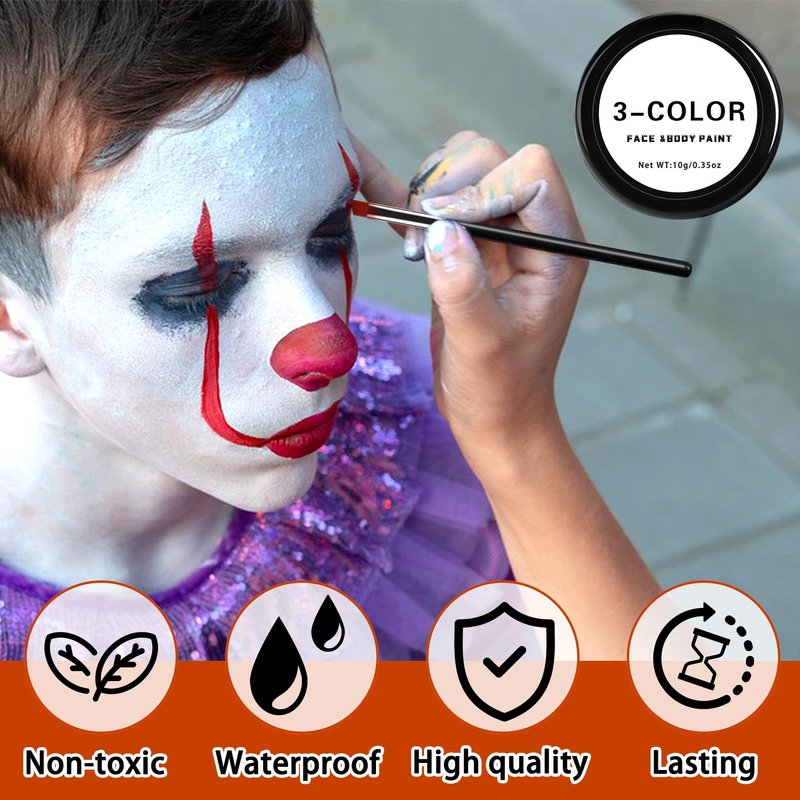 EBaokuup 3 Set Black White Red Face body Paint,3 Colors Clown Makeup Kit with Sponge and Brush,Joker Face Body Paint for Halloween Cosplay,Special Effect Makeup and Costume-Themed Party