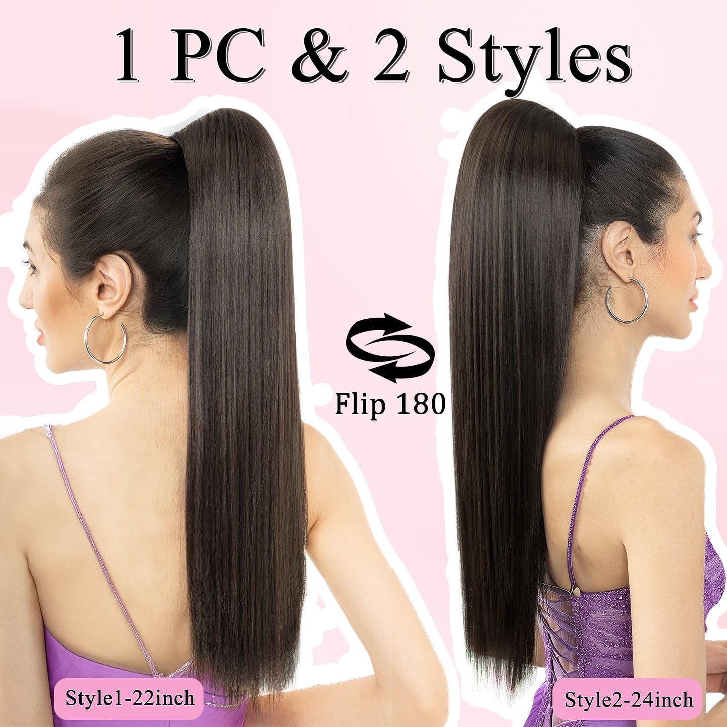 Luxehair Ponytail Extension, 24" Long Straight Claw Clip Ponytail Extension clip on ponytails hair clip Hair claw clip Fake Ponytail Hairpieces for Women - Dark Brown