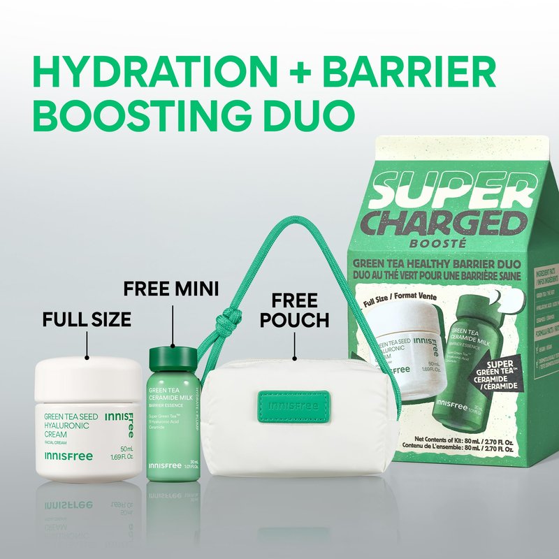 innisfree Green Tea Supercharged Healthy Barrier Duo, Limited Edition Hydrating Korean Skincare Set for All Skin Types including Acne-Prone, Dry, and Oily