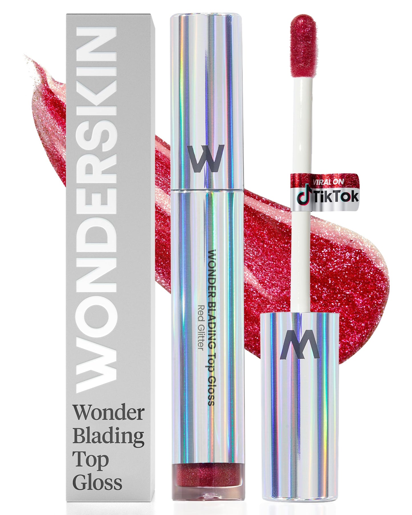 Wonderskin Lip Gloss – Wonder Blading Top Gloss, Hydrating High Shine Lip Makeup (Red Glitter)