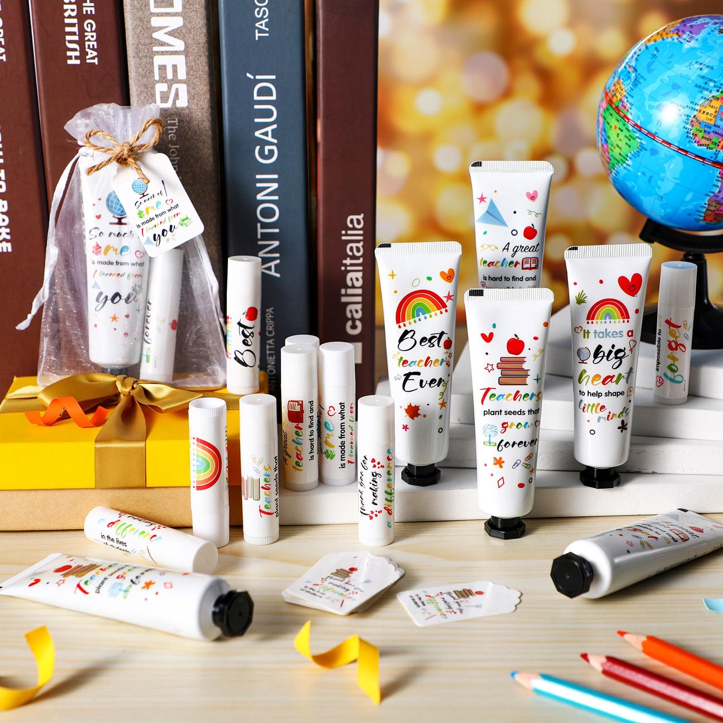 Dimsile 24 Set Appreciation Teacher Gifts Bulk Lip Balm Hand Cream Thank You Gift with Cards Organza Bags Travel Size Moisturizing Hand Lotion for Back to School Appreciation Teacher Gifts