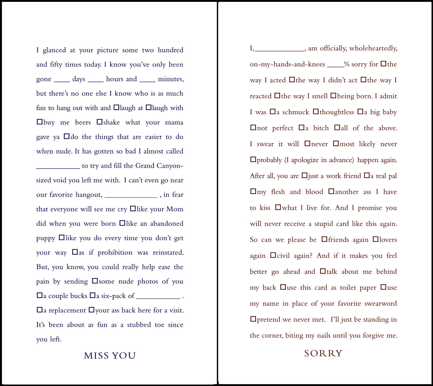 Quiplip Funny Fill-in-The-Blank Miss You and Sorry Cards, 6-Pack (QL04216PCK)