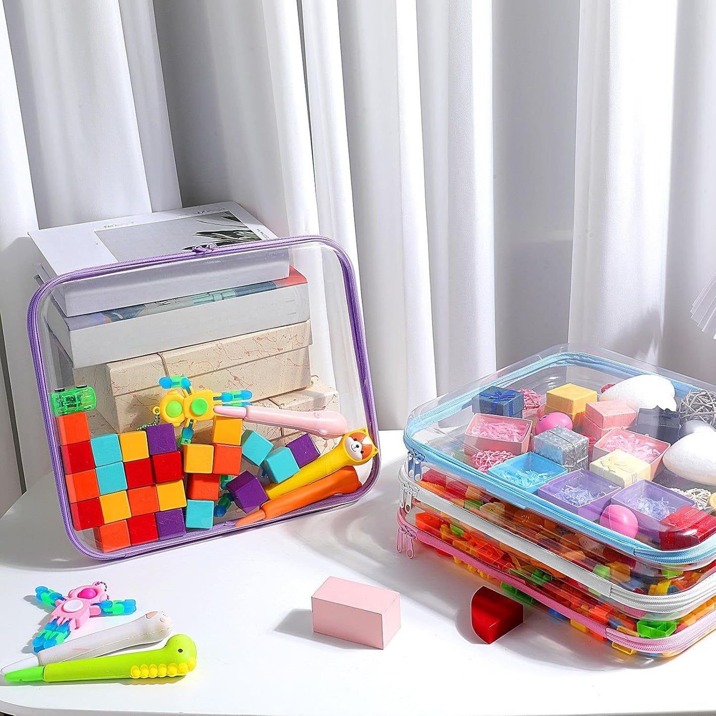 Clear Zipper Makeup Bags - 4 Pcs Hard Plastic Storage Pouches for Cosmetics & Snacks | 13.8 x 11.8 x 2 in, Multicolor