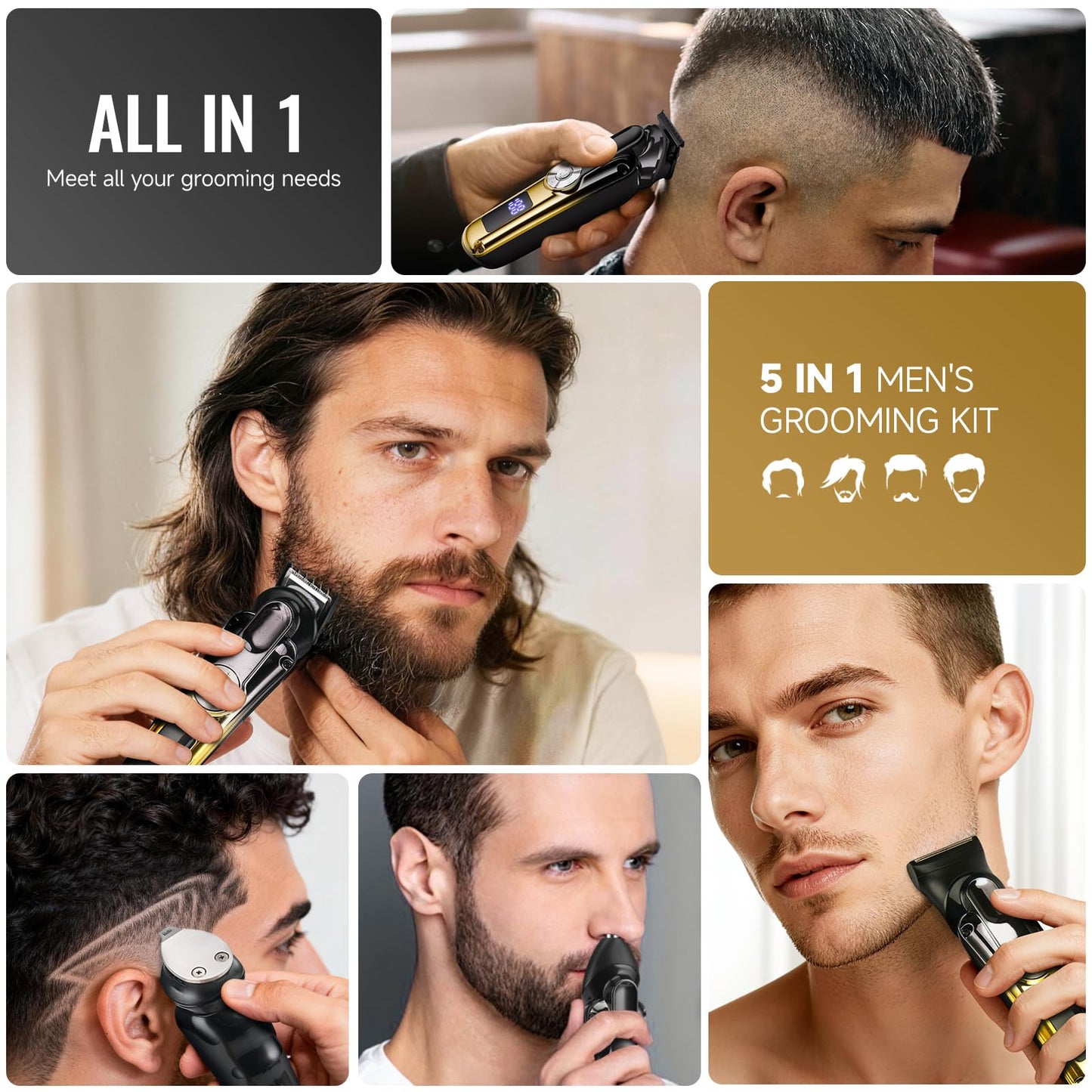 BEAUTYCARE Beard Trimmer for Men,Grooming Kit for Men, 5-in-1 Professional Hair Clippers & Beard Trimmer, Zero Gapped T-Blade, Waterproof & Cordless Rechargeable for Home Use
