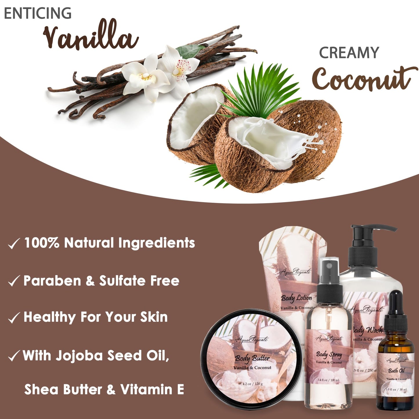 Aqua Elegante Spa Gift Basket For Women - Luxury Bath Set with Wash, Bubbles, Lotion, Body Butter, Soap, Towel, Shower Puff, Reusable Basket, Gifts for Mom, Wife, Girlfriend - Coconut & Vanilla