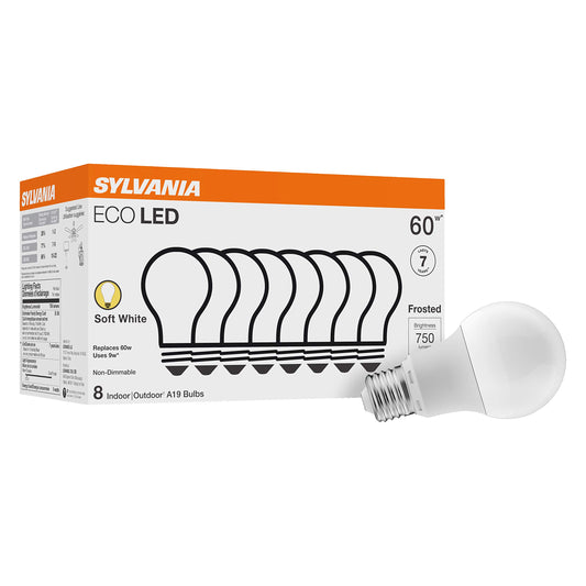 Sylvania ECO LED Light Bulb, A19 60W Equivalent, Efficient 9W, 7 Year, 750 Lumens, 2700K, Non-Dimmable, Frosted, Soft White - 8 Pack (40821)