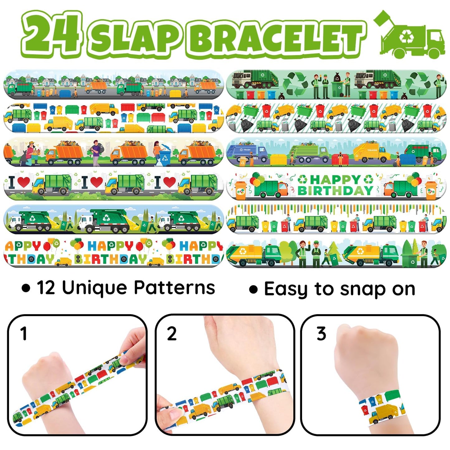 96 PCS Garbage Truck & Trash Truck Party Favors - 72 Pre-Cut Temporary Tattoos & 24 Slap Bracelets for Kids, Birthday Decoration Supplies, Goodie Bag Stuffers Gifts