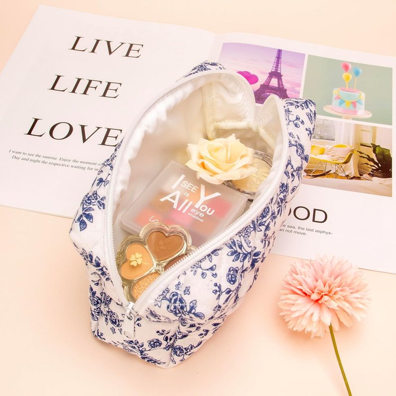Vintage Quilted Makeup Bag Set - 6PCS Cosmetic Pouches for Brushes & Travel Accessories | Jouy Blue
