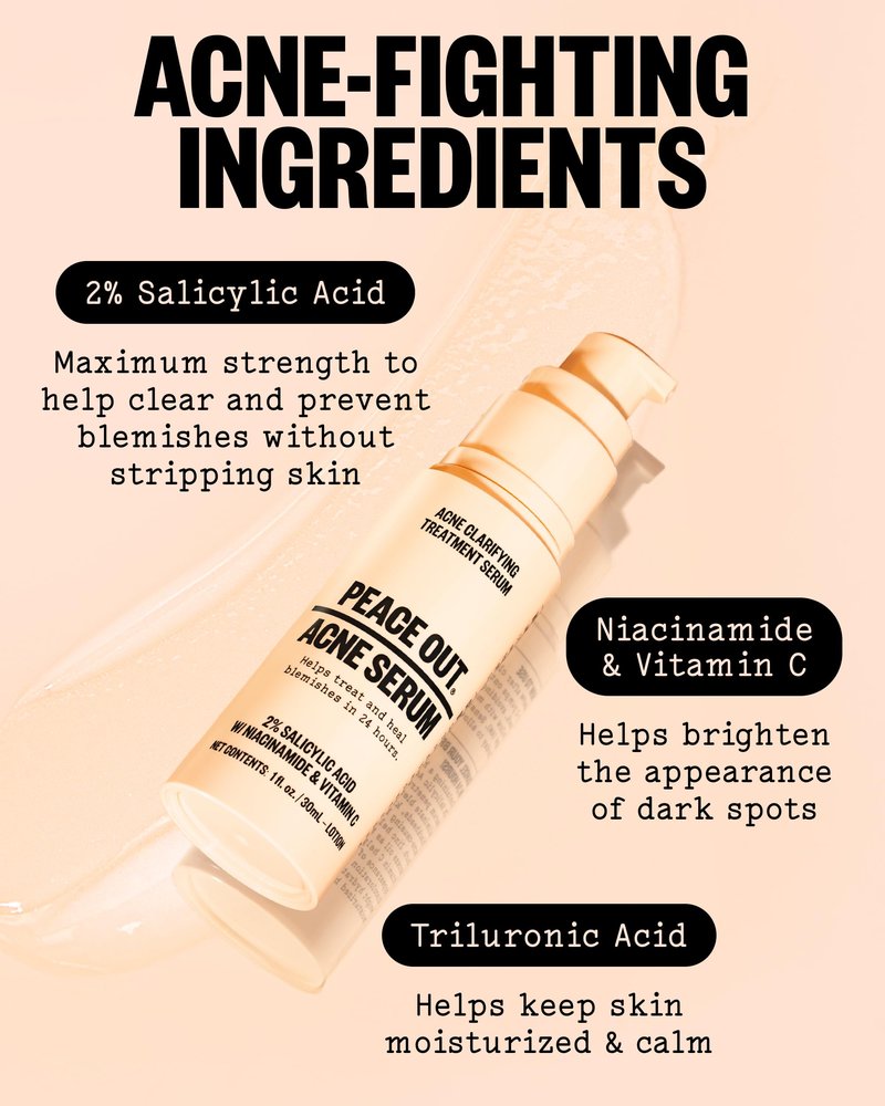 PEACE OUT Acne Serum with 2% Salicylic Acid and Niacinamide, Daily Acne Face Treatment to Help Unclog Pores, Reduce Pimple Breakouts, Blackheads, and Improve Skin Texture (1 fl oz)