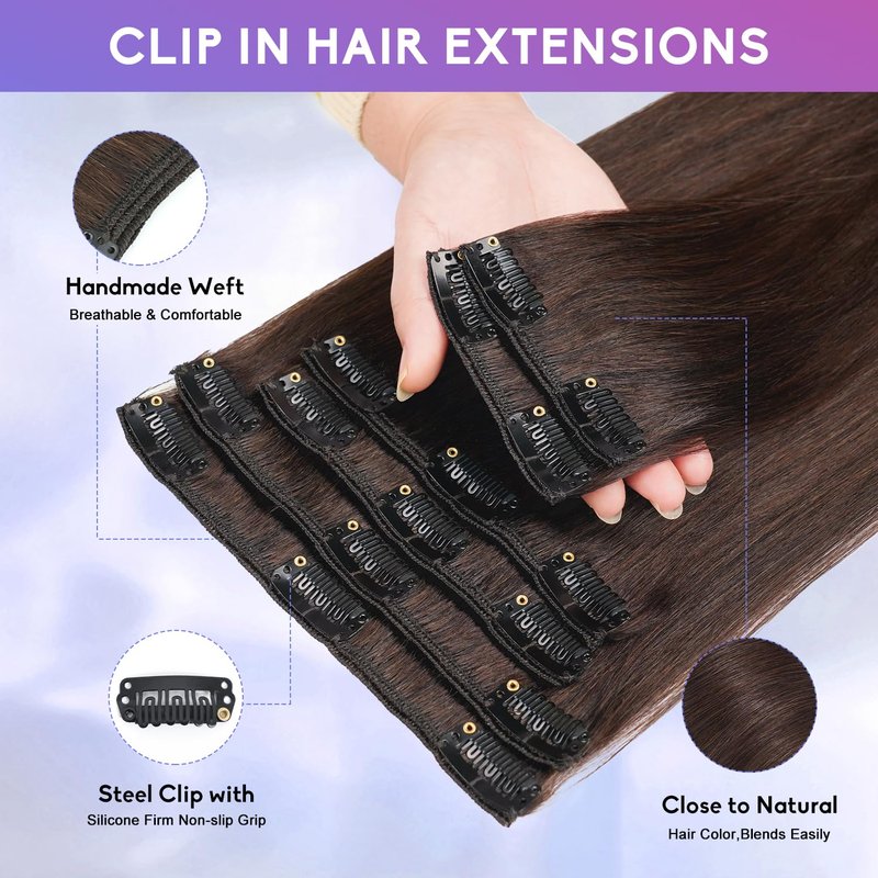 ZNXDJXE Dark Brown Clip in Hair Extensions Real Human Hair Invisible Seamless Remy Human Hair Clip in Extensions for Women 18 Inch 100g, 8pcs Per Set with Double Weft
