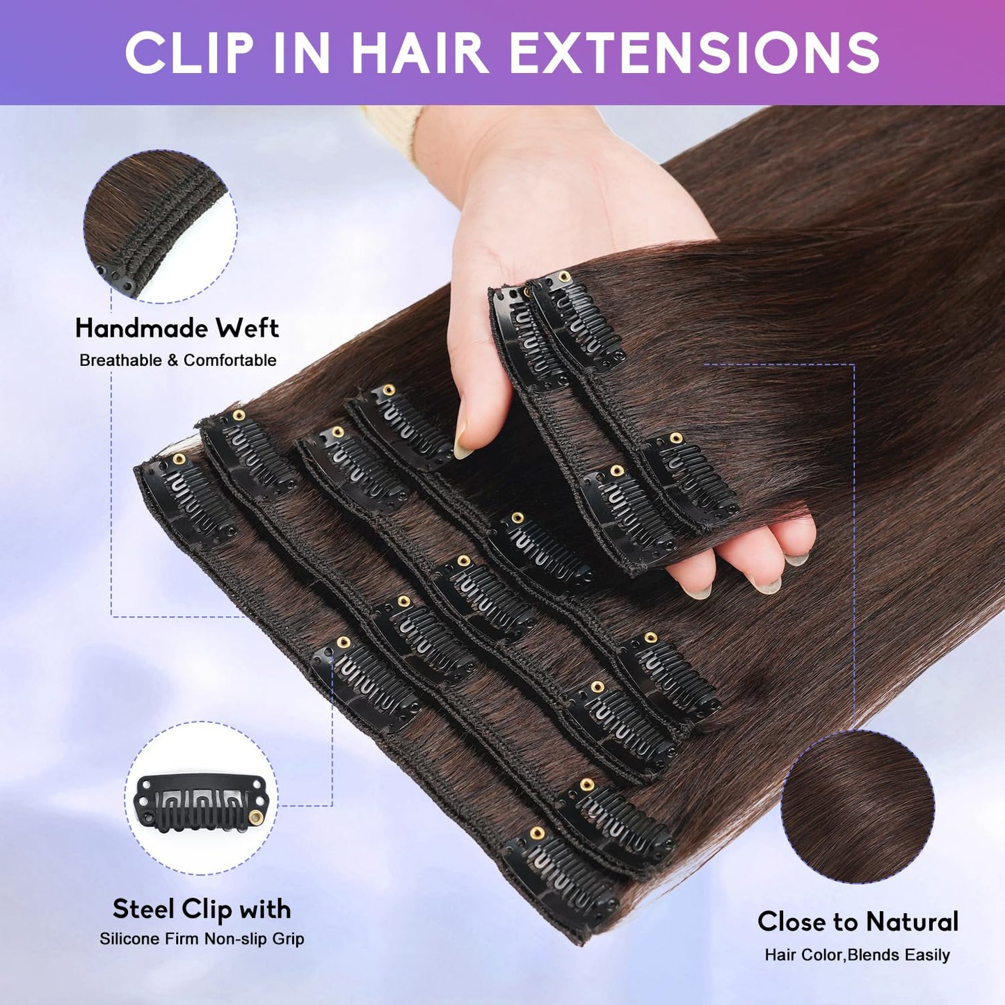 ZNXDJXE Dark Brown Clip in Hair Extensions Real Human Hair Invisible Seamless Remy Human Hair Clip in Extensions for Women 16 Inch, 8pcs Per Set with Double Weft