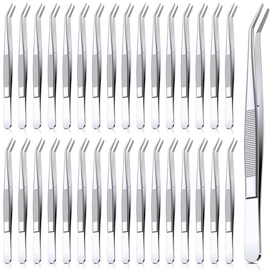 Honoson 32 Pcs Stainless Steel Tweezers for Crafting with Curved Serrated Tip Multipurpose Forceps Sewing Machine Tweezers Bulk (Silver)