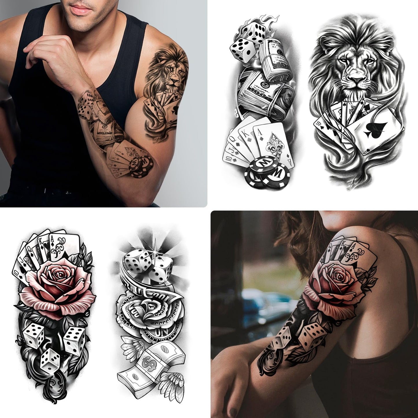 Casino Temporary Tattoos (77 Sheets), Fake Tattoo for Adults and Kids, Waterproof Fake Body Tattoo Stickers for Halloween, Parties, Cosplay, Casino Night - Realistic Poker/Dice/Skull/Chicano Designs