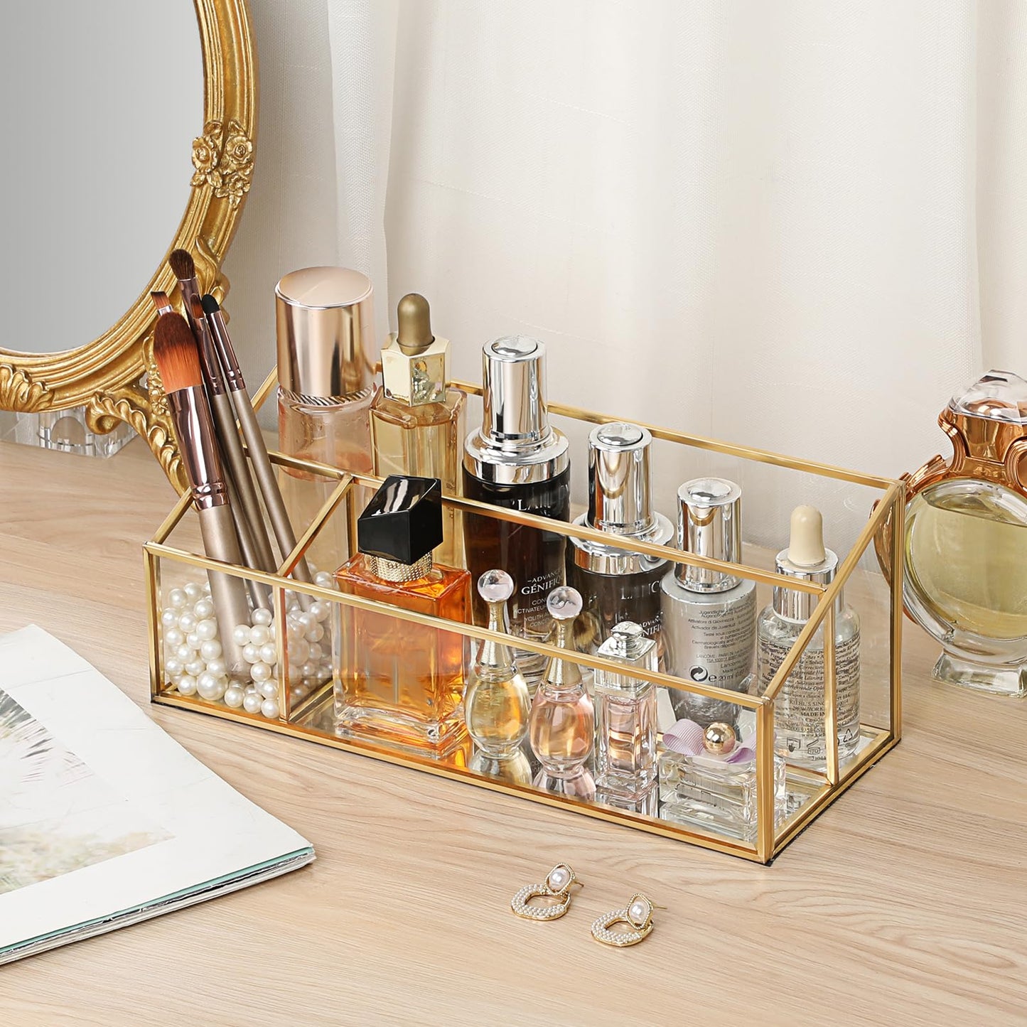 Hipiwe Makeup Organizer Countertop Cosmetic Display Case Gold Glass Vanity Storage Holder 3 Slots Dresser Bathroom Counter Organizer for Makeup Brush Lipsticks Perfume Skincare Products