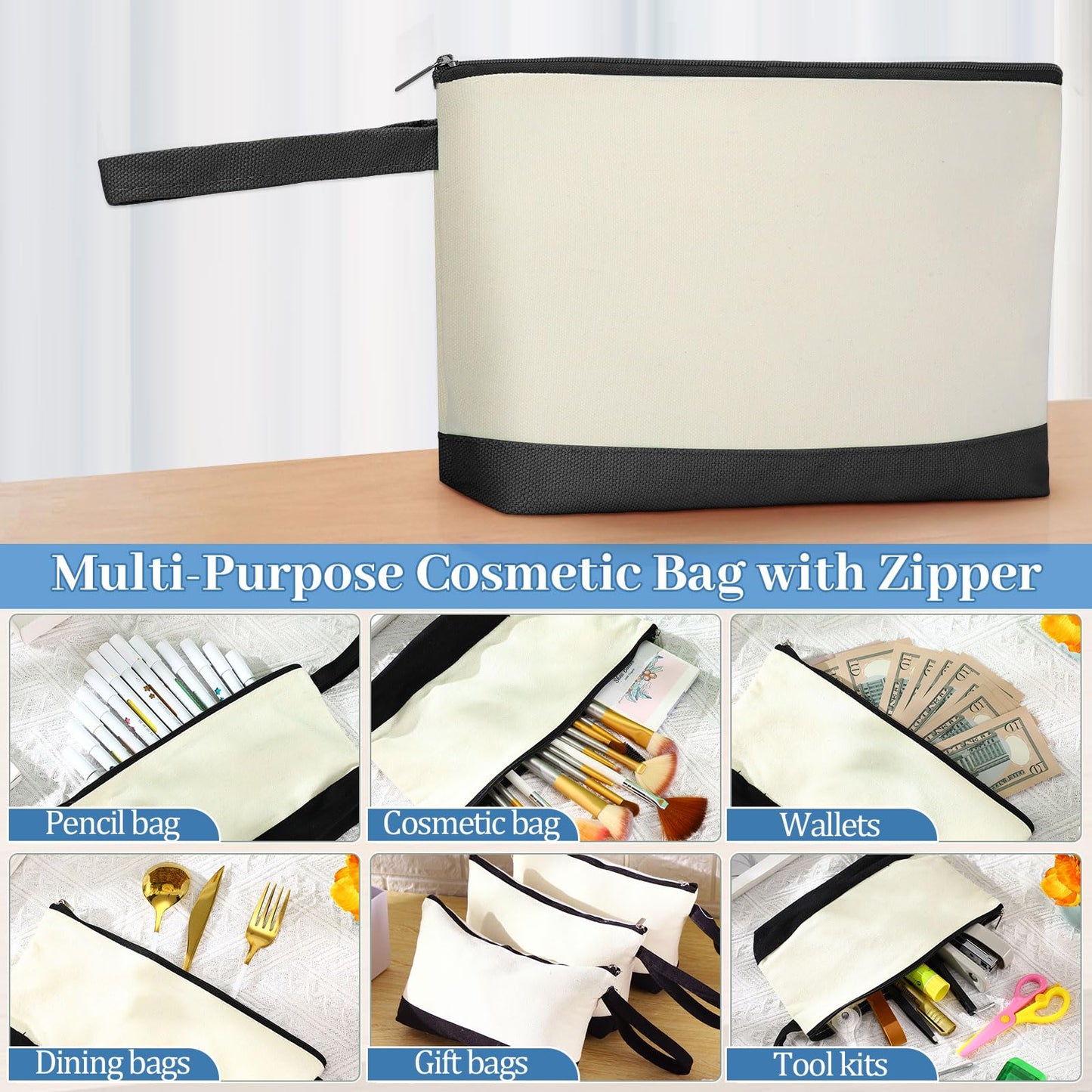 Silkfly 30 Pcs Cotton Canvas Makeup Bags Canvas Cosmetic Zipper Bags 10.2 x 5.5 x 2'' Blank DIY Pouch Bulk with Bottom Pencil Case Travel Toiletry Pouch for Women Gift (Black,Beige)