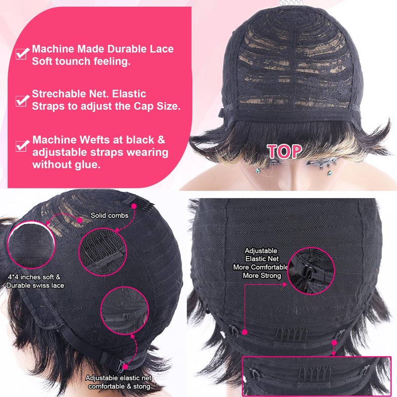 Short Layered Pixie Cut Wig Human Hair for Black Women Multicolor Brazilian Virgin Straight Human Hair Pixie Wigs with Bangs Glueless None Lace Front Full Machine Made Wigs Black and Blonde 1B27