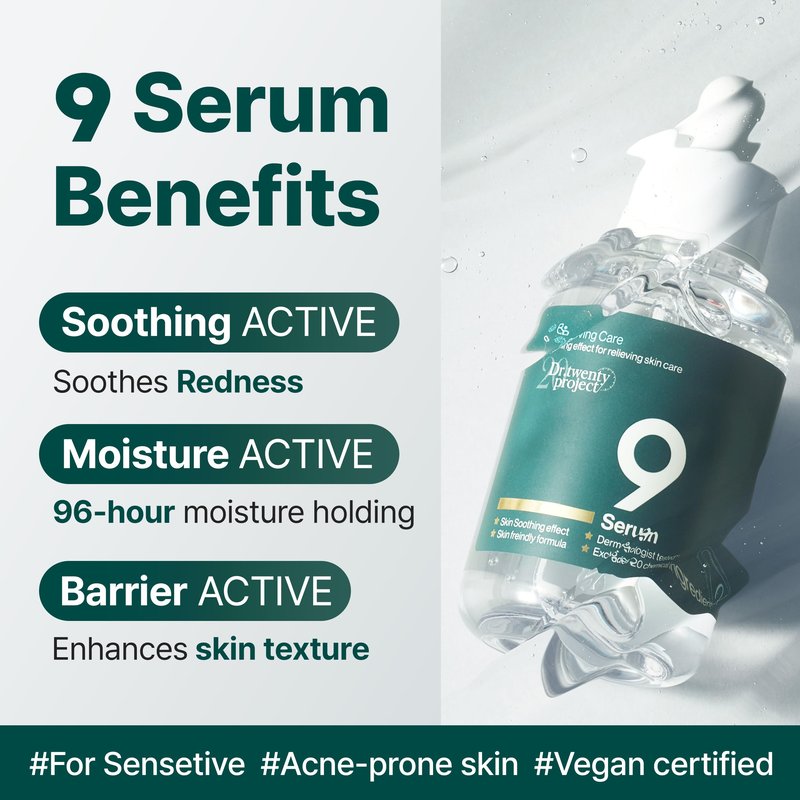 Dr.twentyproject 9 Serum for Calming, Hydrating, and Barrier-Strengthening with Mugwort Extract for Sensitive Skin - Redness-Reducing, Glowing, Deep Moisturizing - Korean Skin Care (50ml / 1.69 fl oz)
