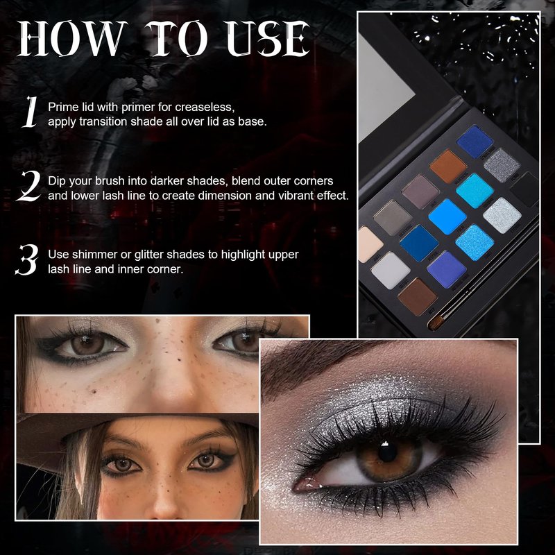 VANERIA Black Smoky Eyeshadow Palette,15 Colors Goth Makeup,Silver Grey Eyeshadow,High Pigment,Long Wear,Cool Toned Eyeshadow Palette,Waterproof,Intense Color(Gothic Black)