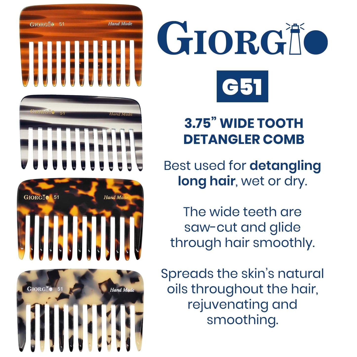 Giorgio G51 TY Small Travel Purse Hair Detangling Comb, Wide Tooth Pocket Comb for Thick Curly Wavy Hair. Great for Wet and Dry Everyday Care, Handmade of Cellulose, Saw-Cut Hand Polished