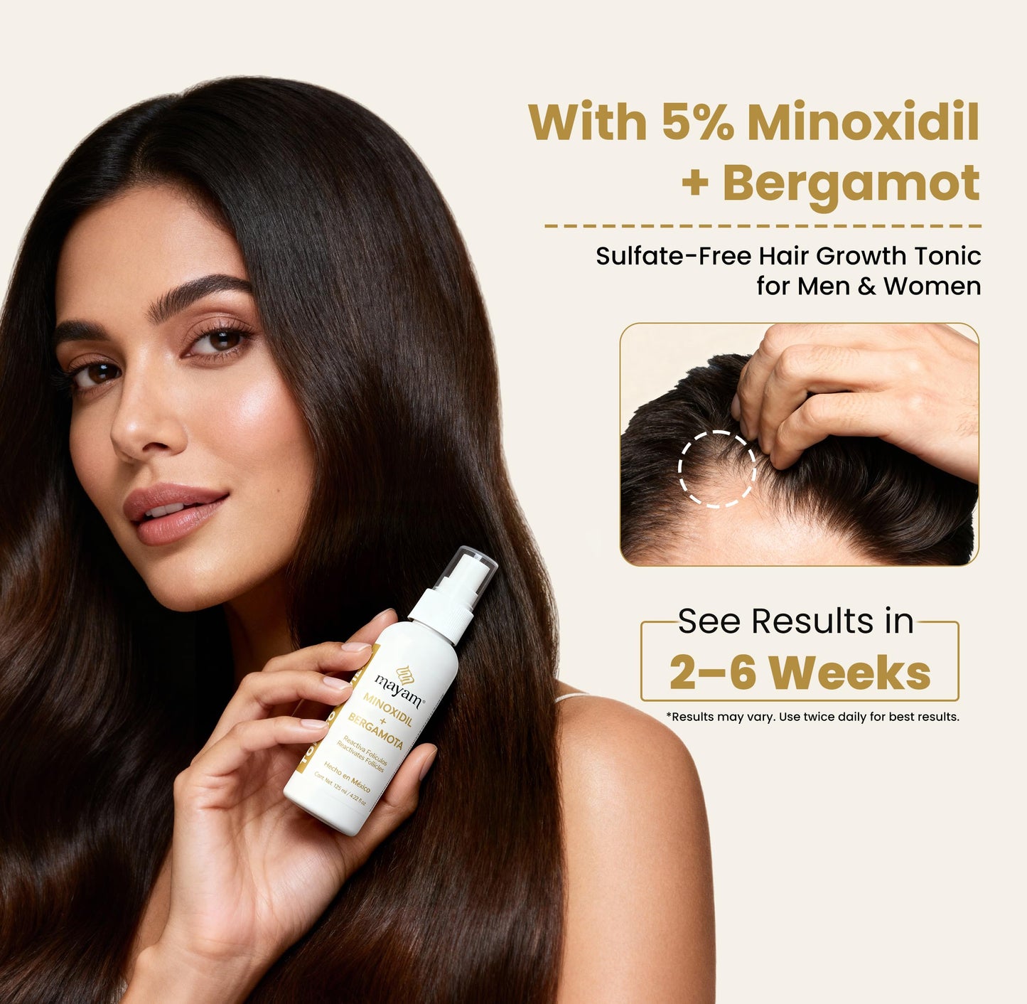 Mayam Beauty Minoxidil 5% Hair Regrowth Treatment Spray – Hair Growth Spray for Thinning Hair & Receding Hairline – Lightweight Leave-In Scalp Treatment with Bergamota – 125ml (4.2 fl oz)