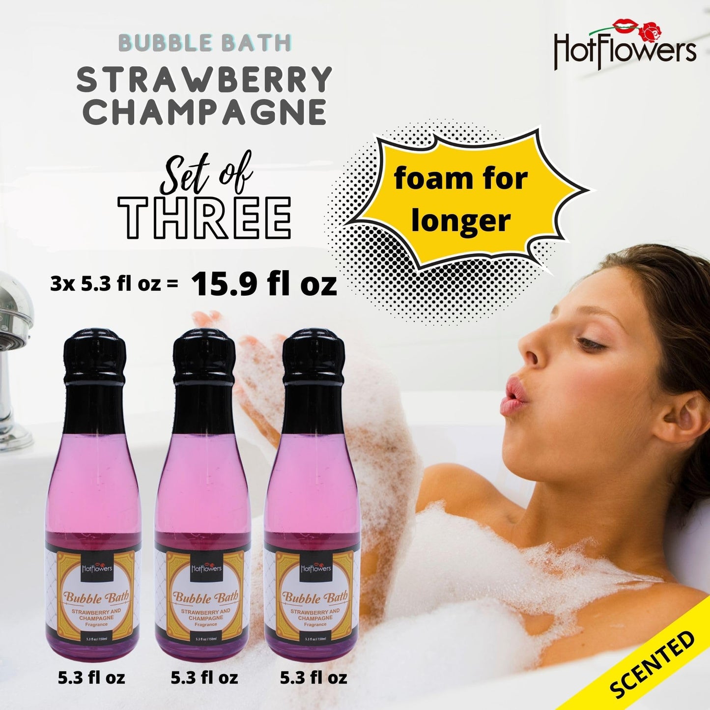 Hot Flowers Bubble Bath Scented – Women and Men Bath Foam Products – Relaxing, Foaming, and Moisturizing Adult Soak – Special Small Champagne-Shaped Pet Bottle