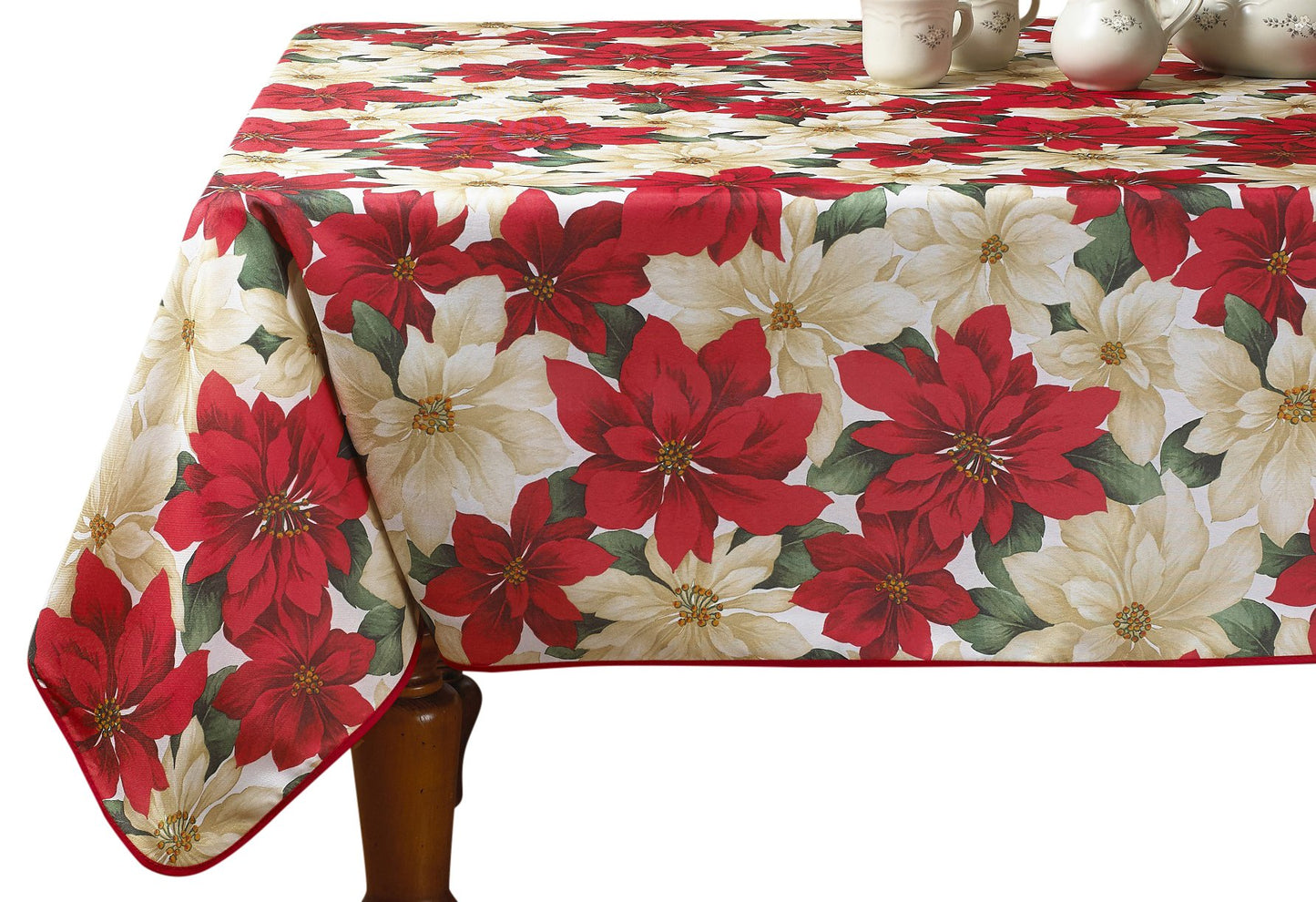 Violet Linen European Holiday Christmas Poinsettia Floral Design Printed Tablecloth - Beige - 60" by 102" Oblong/Rectangle